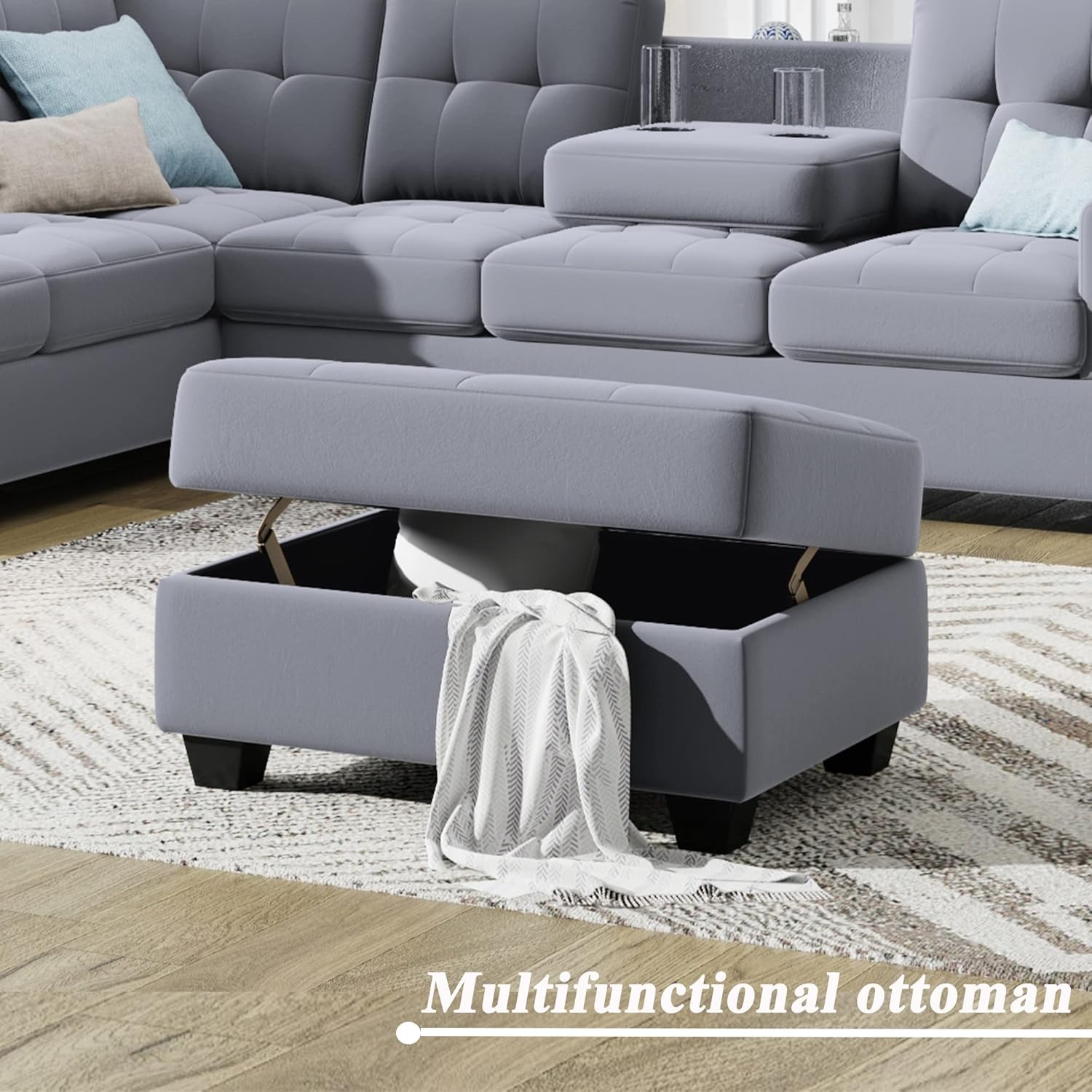 Linen Upholstered L Shaped Sofa Set with Ottoman Storage, Light Gray N2265