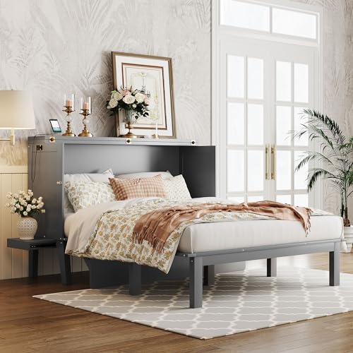 White Queen Size Wooden Murphy Bed with USB Port and 2 Removable Desk E9323