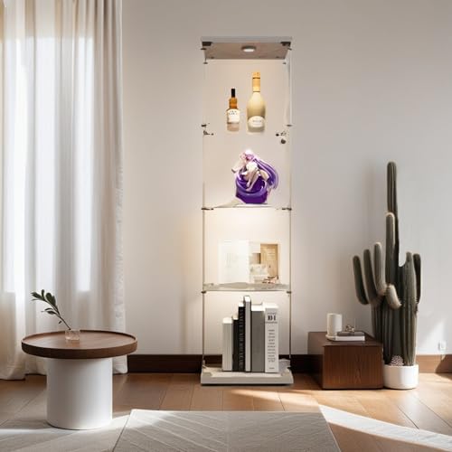 4-Tier Glass Display Cabinet with Metal Lock, 5mm Tempered Glass, 16.7" W x 14.3" D x 64.5" H W1986