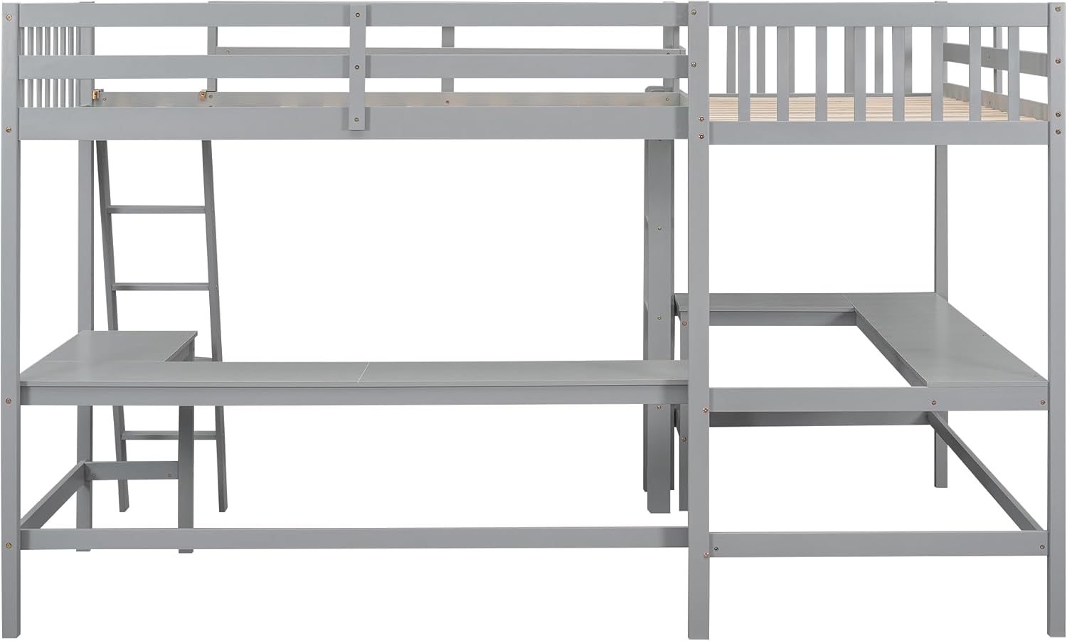 Gray Wooden L-Shaped Double Twin Size Loft Bed Frame with 2 Built-in Desks and Ladder E654