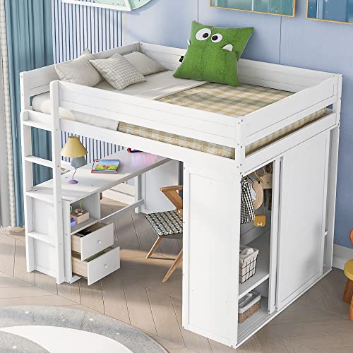 White Wooden Loft Bed with Storage Wardrobe and Desk C954