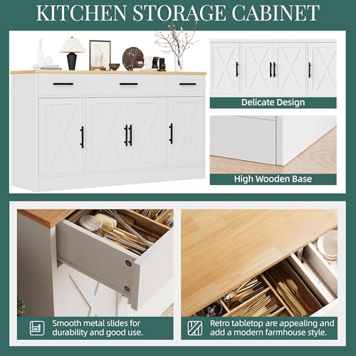 White 53.4" Wood Buffet Cabinet with 3 Drawers and 4 Doors N2279