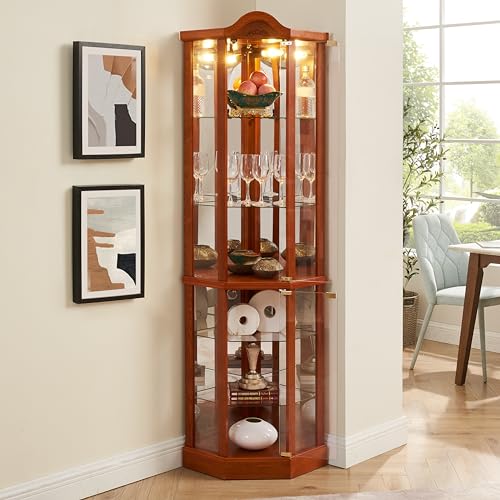 Oak Lighted Wooden Corner Display Curio Cabinet with Tempered Glass Doors L2649