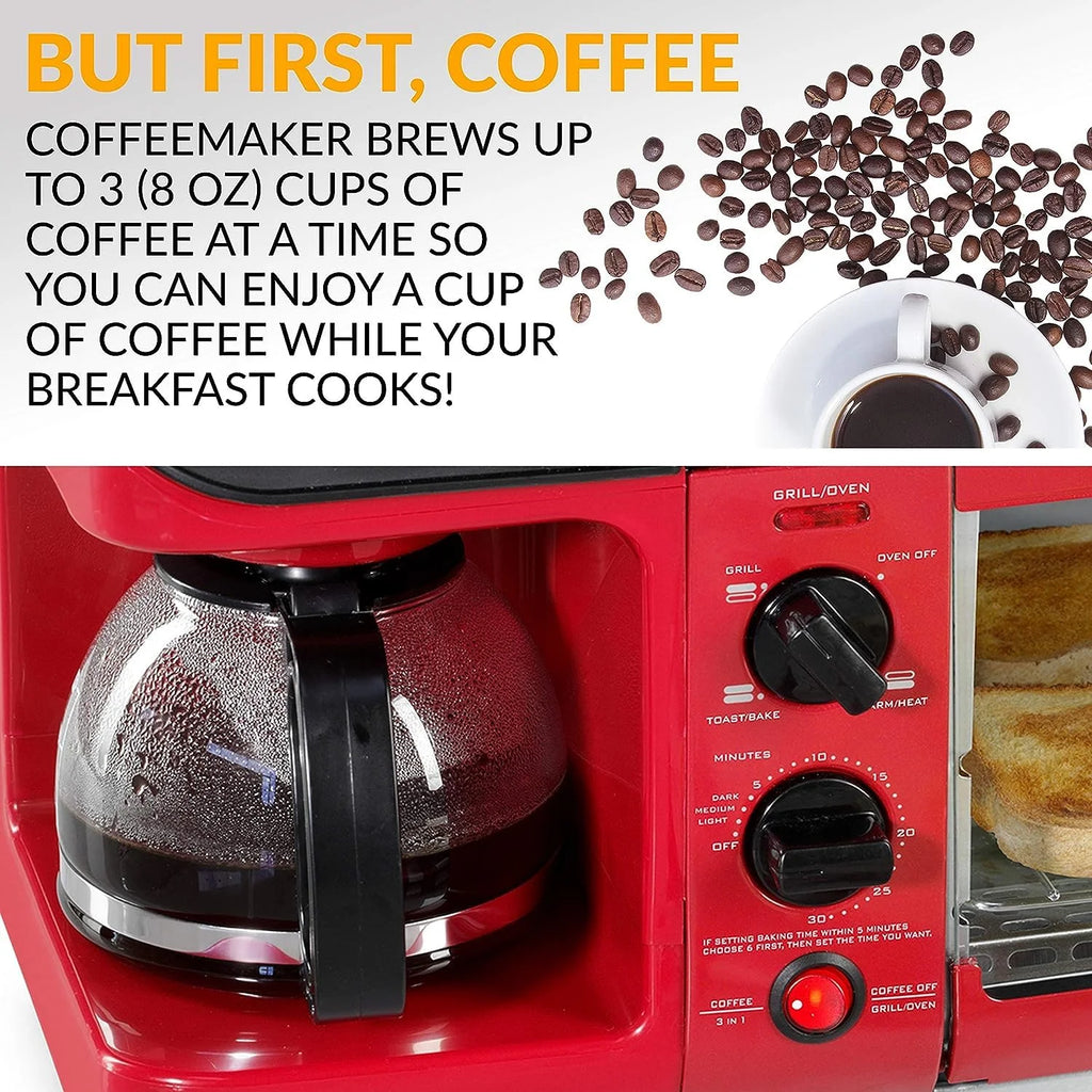 3-in-1 Breakfast Station with Coffee Maker, Non-Stick Griddle, and 4-Slice Toaster Oven - Red Z603