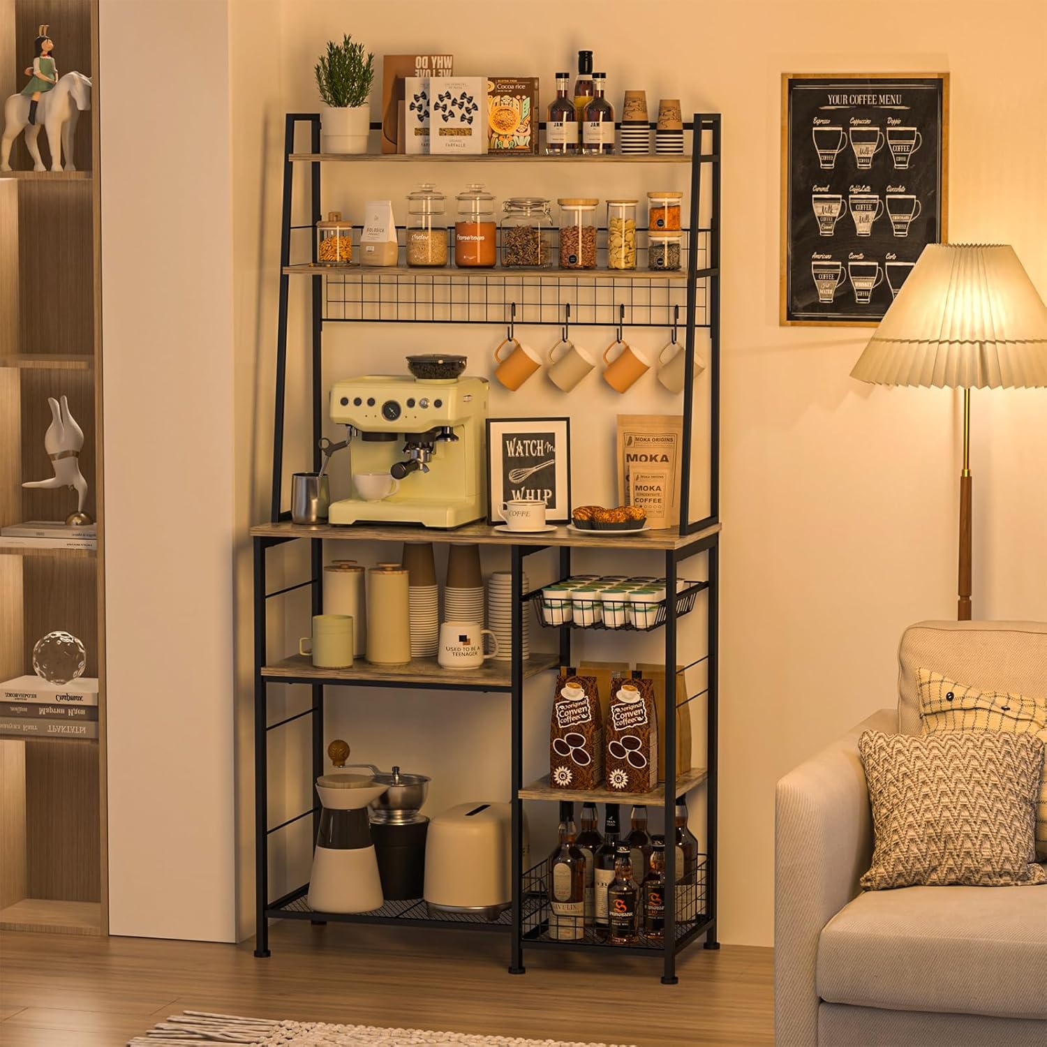 35.8" Large Farmhouse Coffee Station with 12 Hooks and Pull-Out Wire Basket, Coffee Bar Cart Table with Storage Shelves Rustic Brown G2373