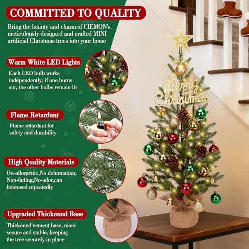 24-inch Mini Christmas Tree with 30 LED Lights & 26 Ornaments, PE Branch Tips & Cement Base E893929