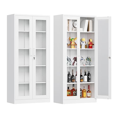 71" Locking Steel Cabinet with Tempered Glass Door, 2 Adjustable Shelves, 4 Doors, White A303
