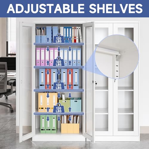 71" Locking Steel Cabinet with Tempered Glass Door, 2 Adjustable Shelves, 4 Doors, White A303