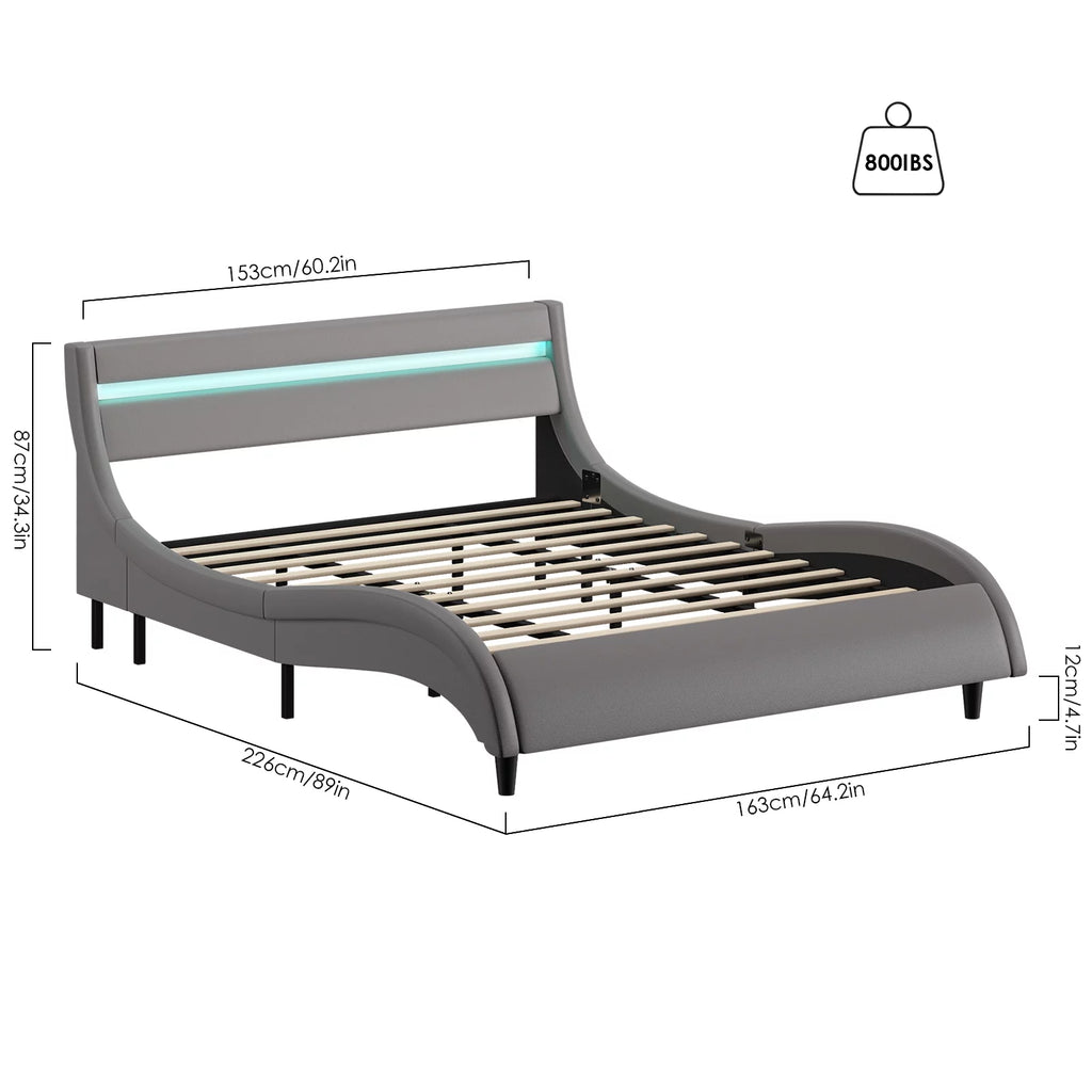 Gray Queen Size Led Bed Frame with Adjustable Upholstered Headboard H770