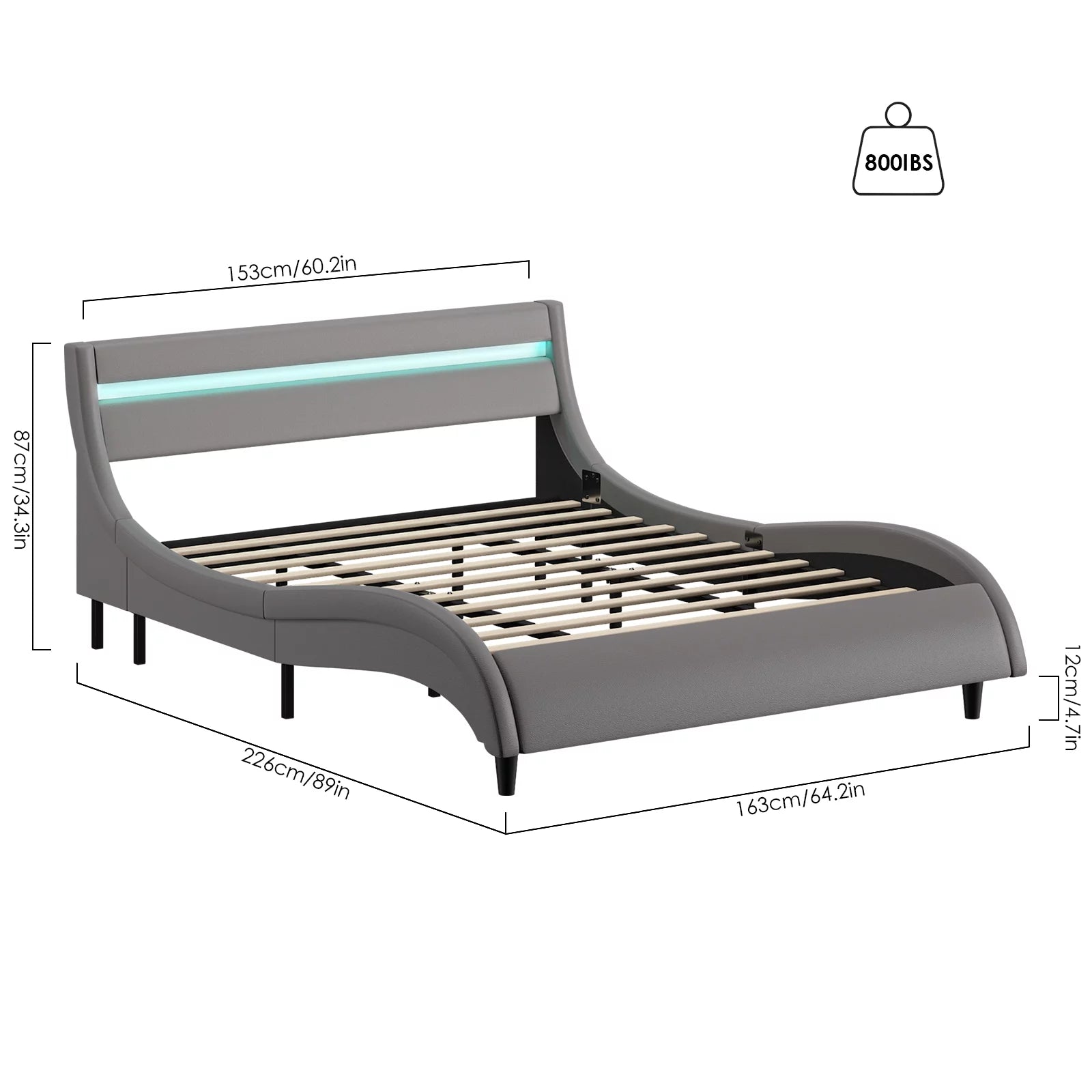 Gray Queen Size Led Bed Frame with Adjustable Upholstered Headboard H770