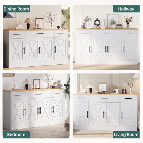 White 53.4" Wood Buffet Cabinet with 3 Drawers and 4 Doors N2279