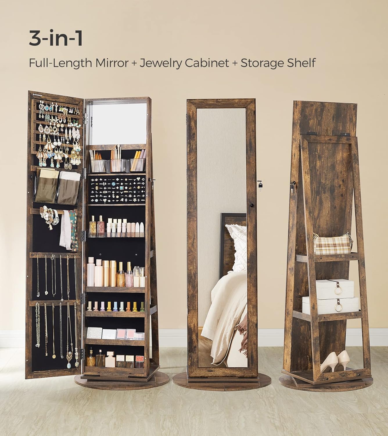 360° Swivel Jewelry Cabinet with Full-Length Mirror and 12-Slot Watch Box I957861
