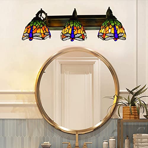 Tiffany Victorian Wall Sconce, 3-Light Vanity Light Fixtures Stained Glass Lampshade Dragonfly Over Mirror Lamp S678901