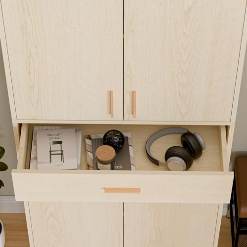 71" Tall 4 Doors Wood Freestanding Cupboard with Sliding Drawer and 2 Adjustable Shelves, Oak K5887
