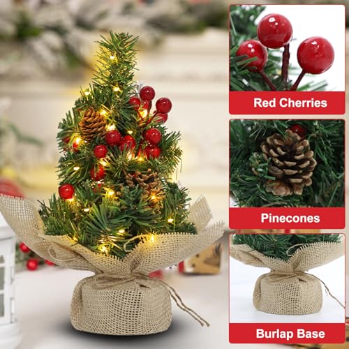 12 Inch Mini Tabletop Artificial Christmas Tree with Timer Lights Pinecones Red Berries Y4446
