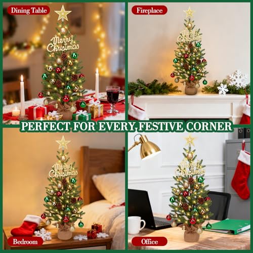 24-inch Mini Christmas Tree with 30 LED Lights & 26 Ornaments, PE Branch Tips & Cement Base E893929
