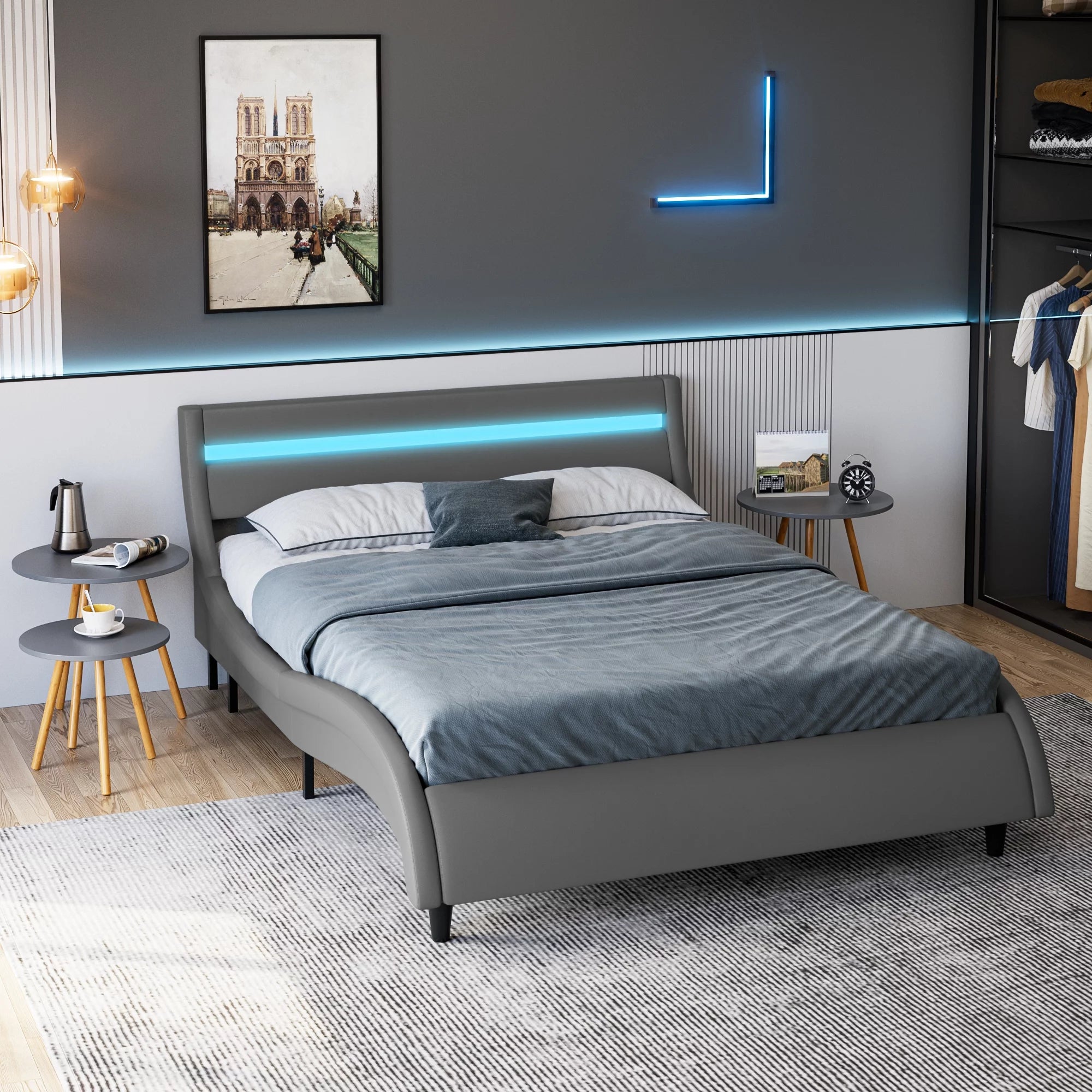 Gray Queen Size Led Bed Frame with Adjustable Upholstered Headboard H770