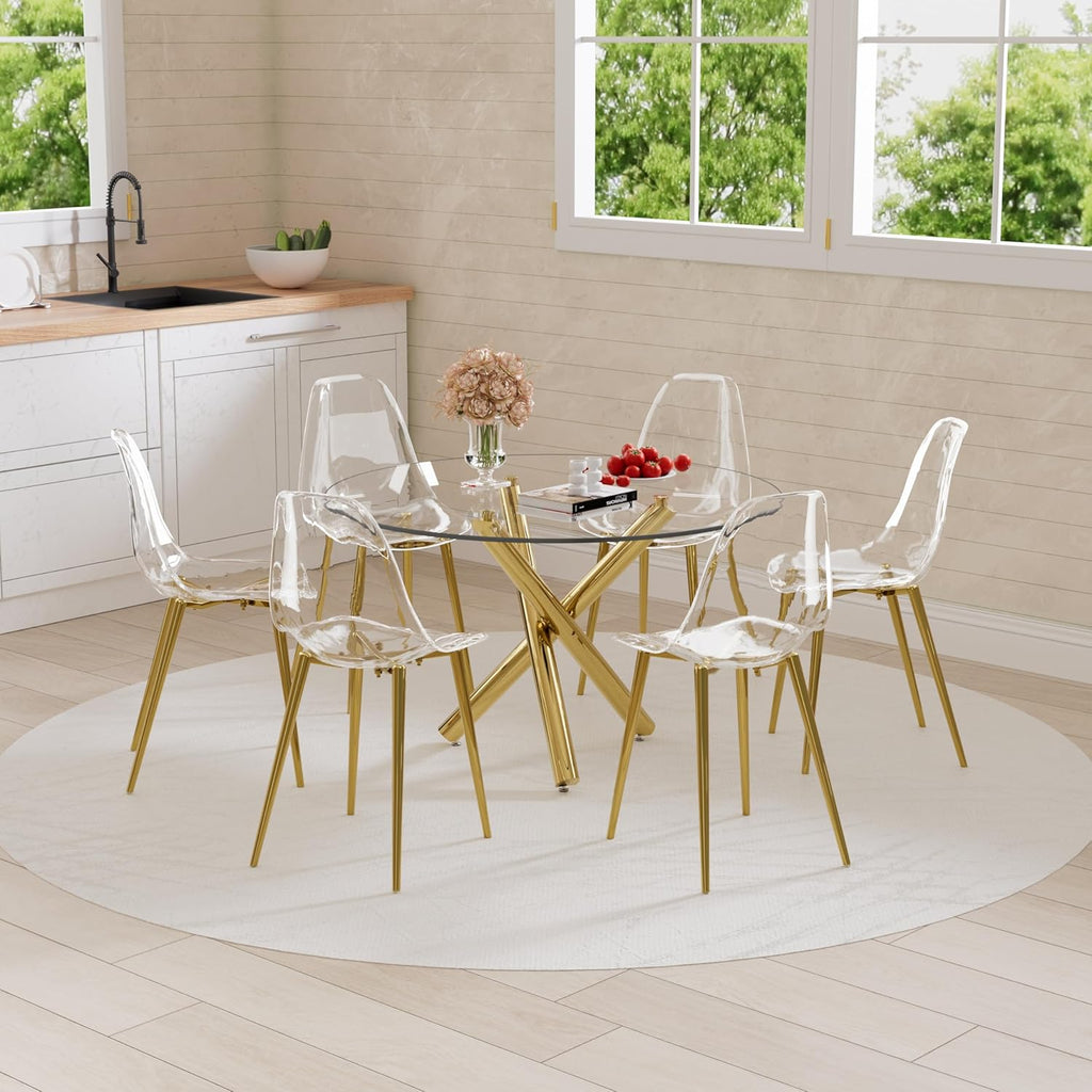 Gold Round Glass 7 PCS Dining Table Set with Clear Acrylic Chair U3620