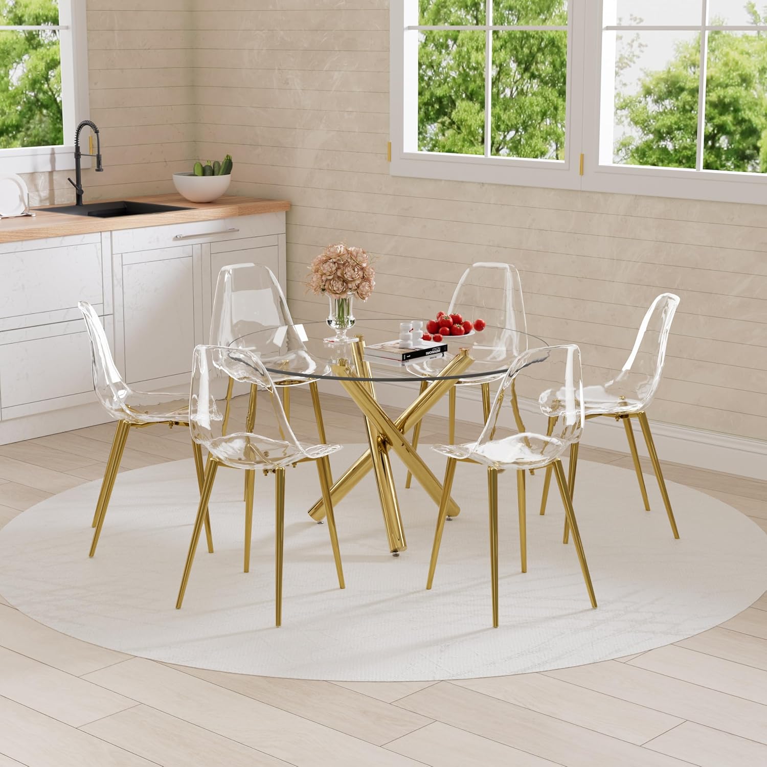 Gold Round Glass 7 PCS Dining Table Set with Clear Acrylic Chair U3620