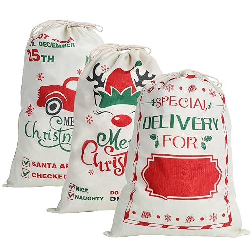 3Pack Christmas Santa Burlap Sacks with Drawstring 26" x 19" Large Q859553