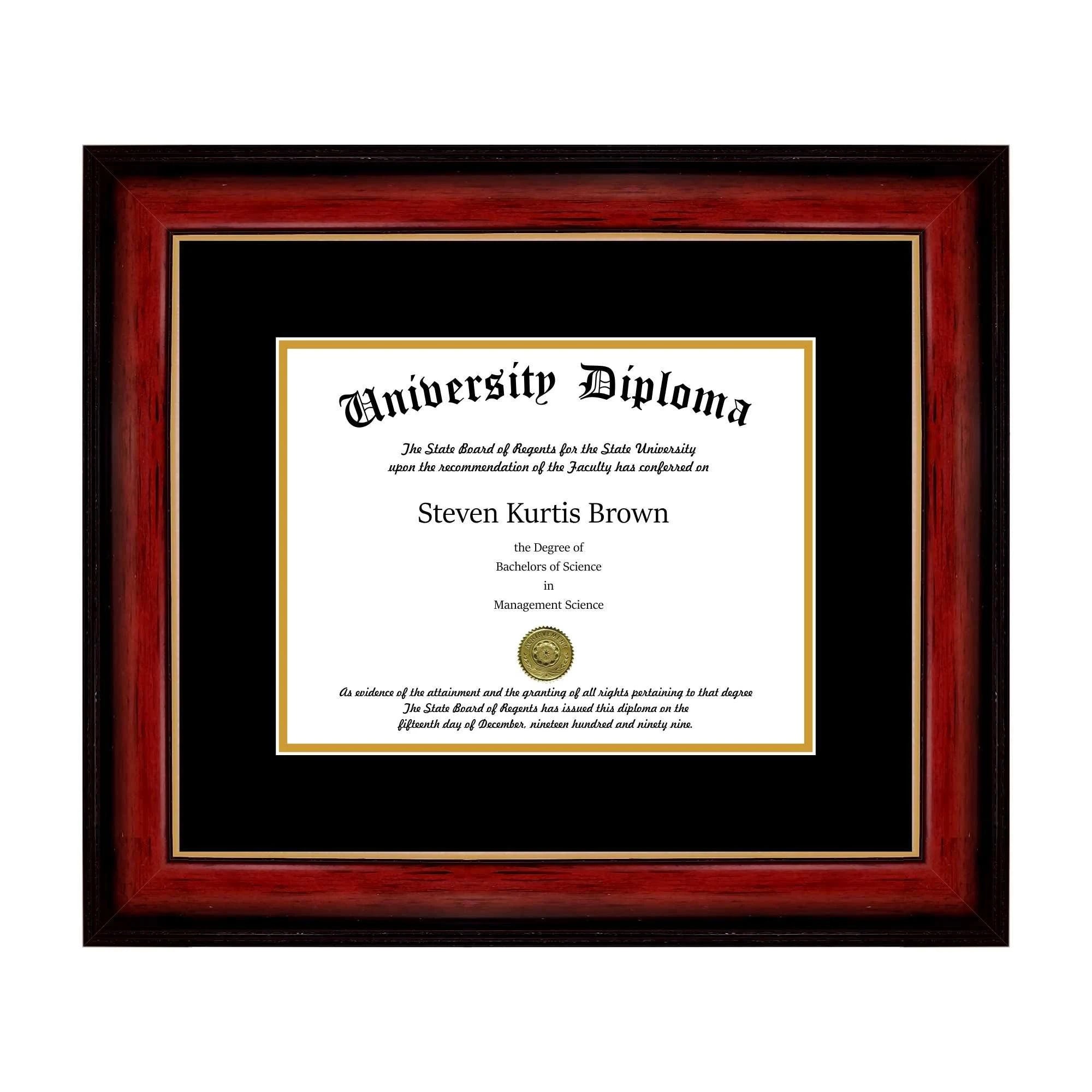 Single Diploma Frame with Double Matting for 15x22 x 12x22 Tall Diploma with Mahogany with Gold Lip 1 5/8x22 Frame N7204