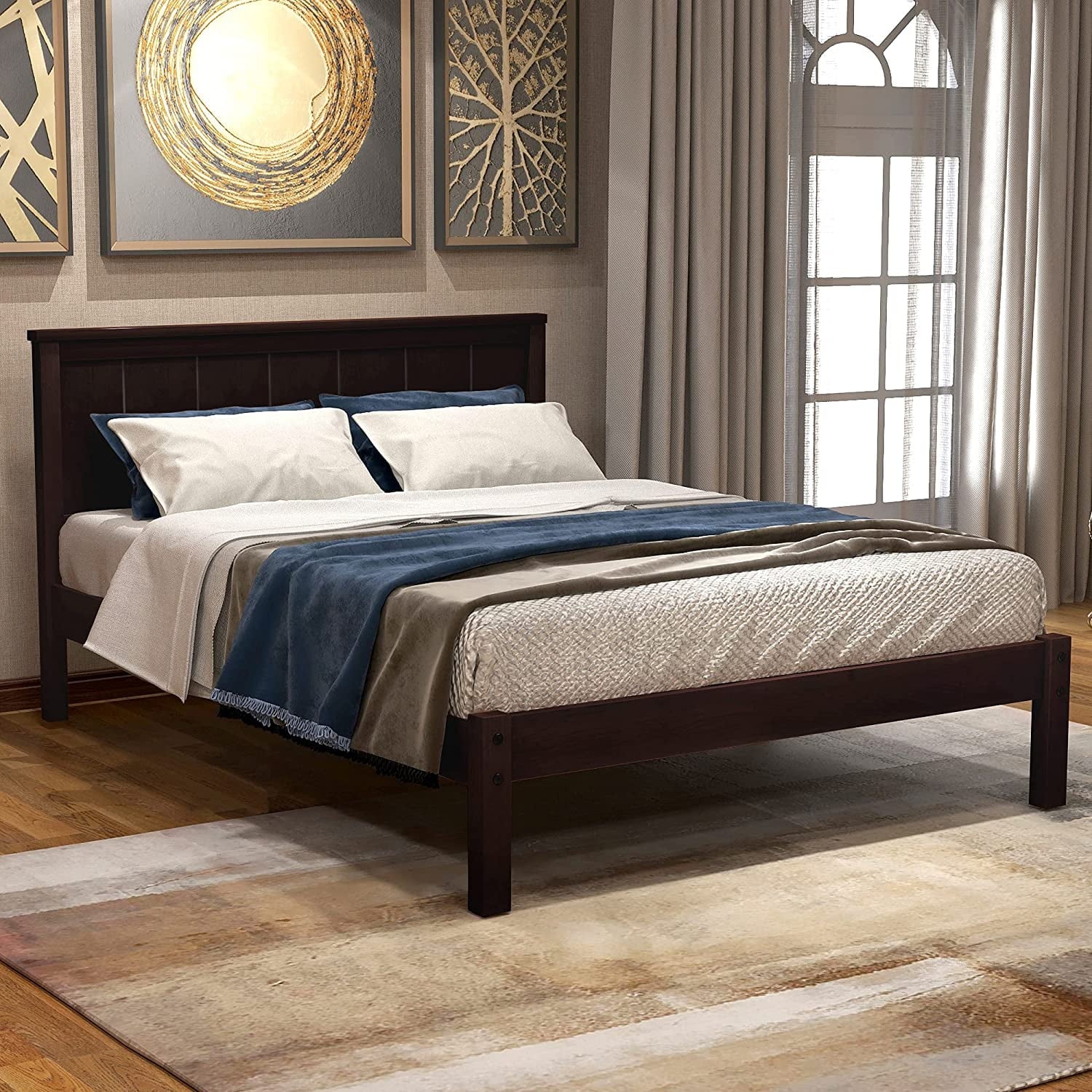 Full Size Solid Wood Platform Bed Frame with Headboard, Espresso J734393
