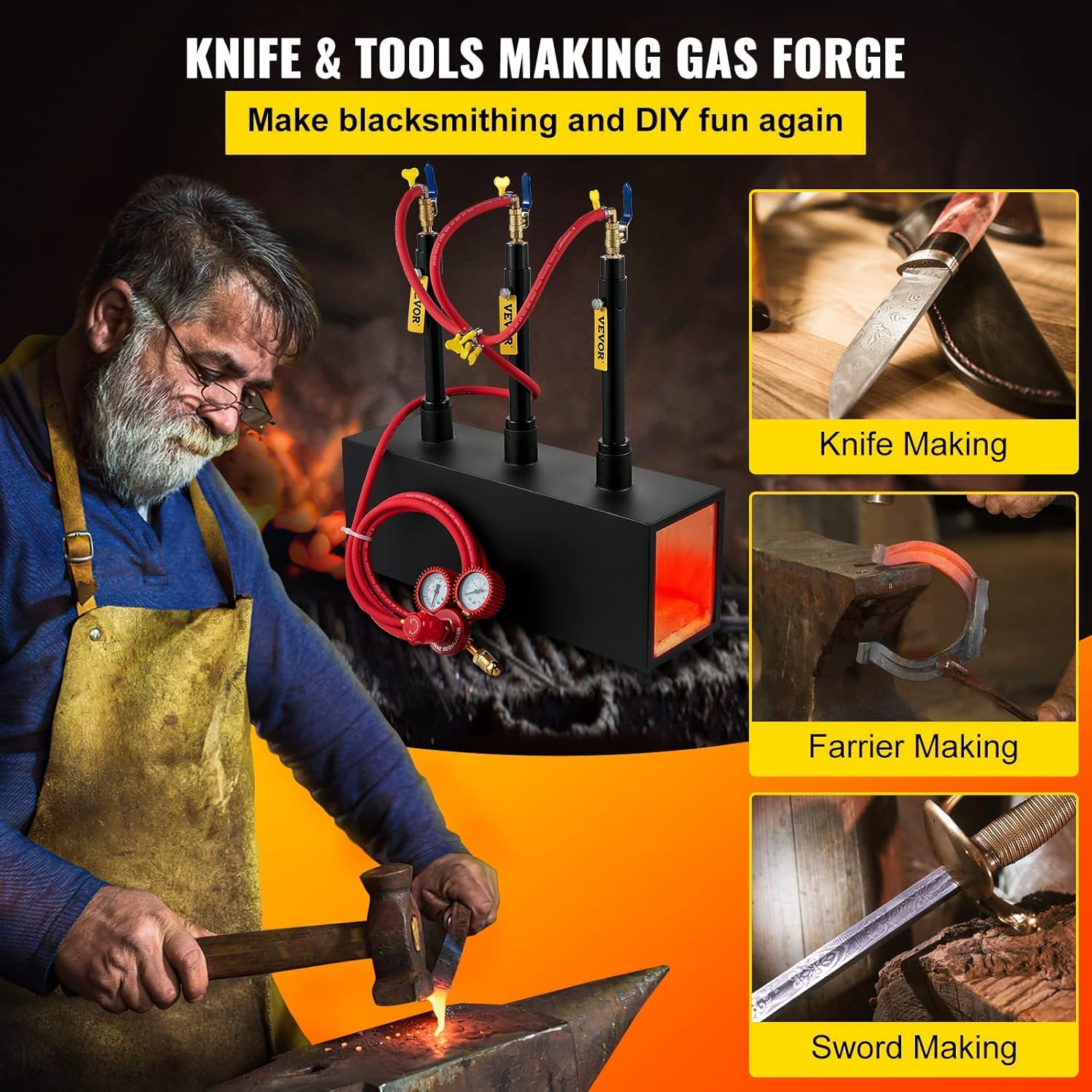 Portable Propane Forge Three Burners Open Structure Square Metal Blacksmithing Forge R14742