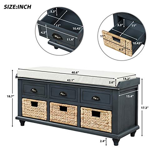 Navy Wood Shoe Storage Bench with Cushion and 2 Drawers V905