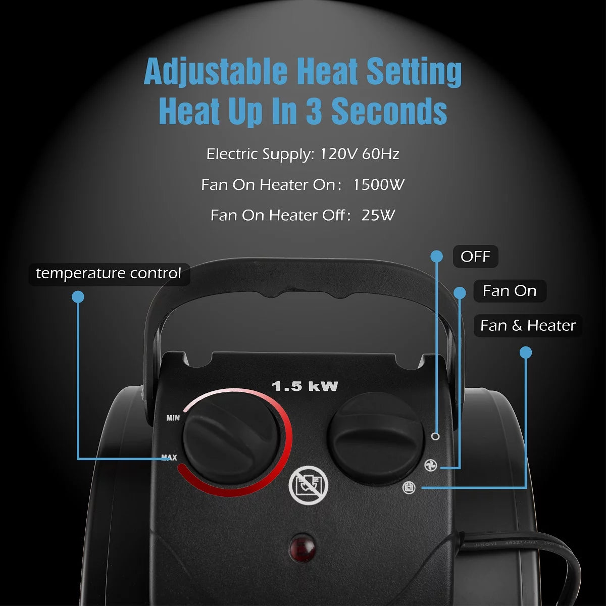 Black Electric Heater Fan with Overheat Protection C7877