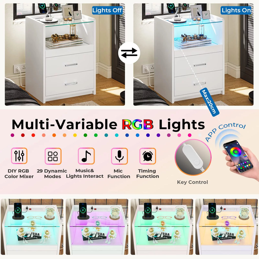 White LED Nightstand with 2 Drawers and Pull-Out Shelf Z37050