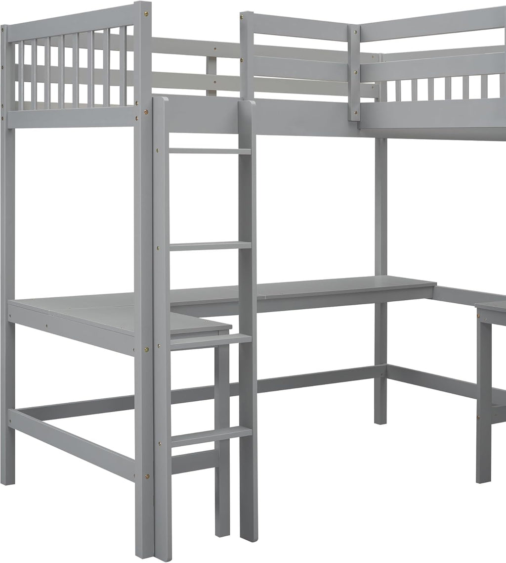 Gray Wooden L-Shaped Double Twin Size Loft Bed Frame with 2 Built-in Desks and Ladder E654