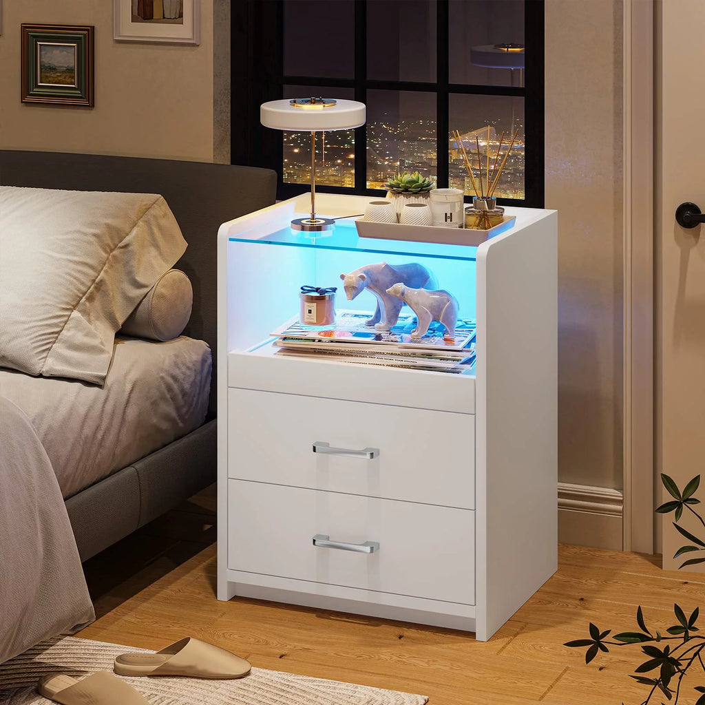White LED Nightstand with 2 Drawers and Pull-Out Shelf Z37050