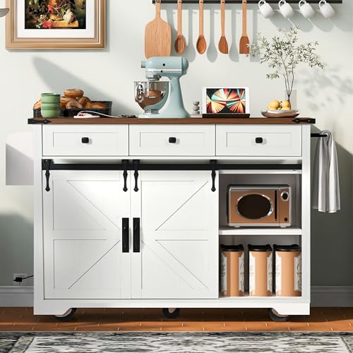 Rustic Kitchen Island With Power Outlet, Sliding Barn Doors, Drop Leaf, Drawers and Spice Rack H231543