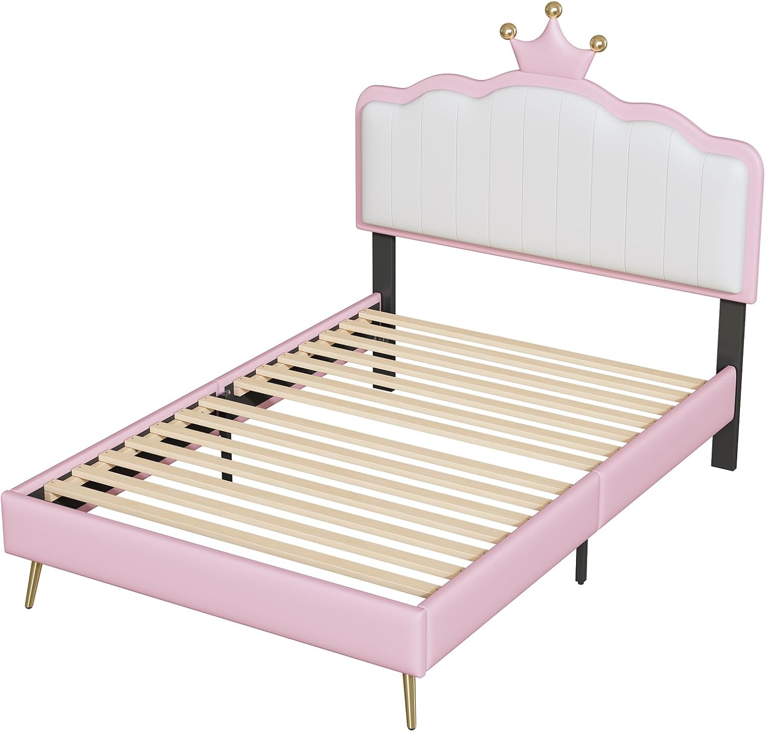 White and Pink Twin Upholstered Platform Bed with Light Strips and Golden Metal Legs L931996