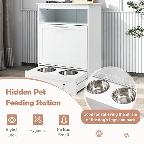 White Dog Food Storage Cabinet with 2 Raised Dog Bowls K24780