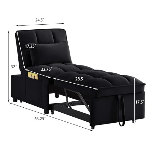Velvet Single Sofa Bed with Storage Pockets and 2 Pillows E21652