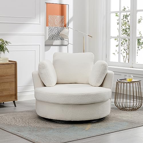 Ivory Sherpa Swivel Accent Barrel Chair with 3 Pillows B35188