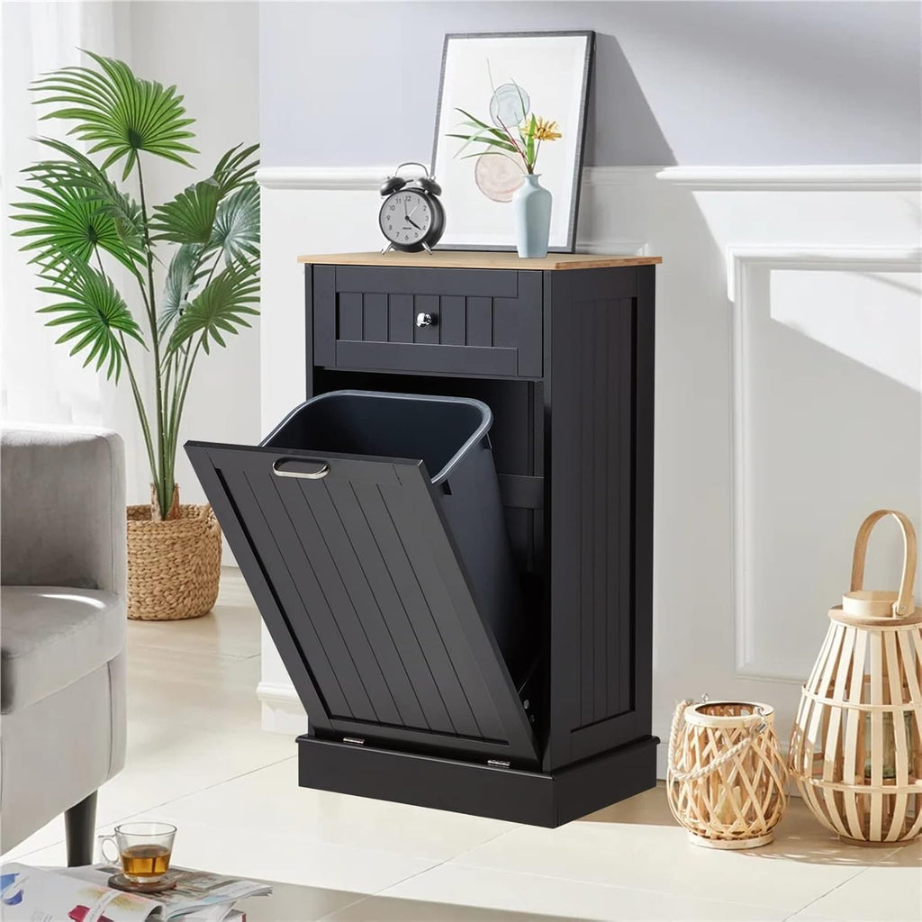 Black 10 Gallon Wood Trash Can Cabinet with Drawer & Cutting Board D4819