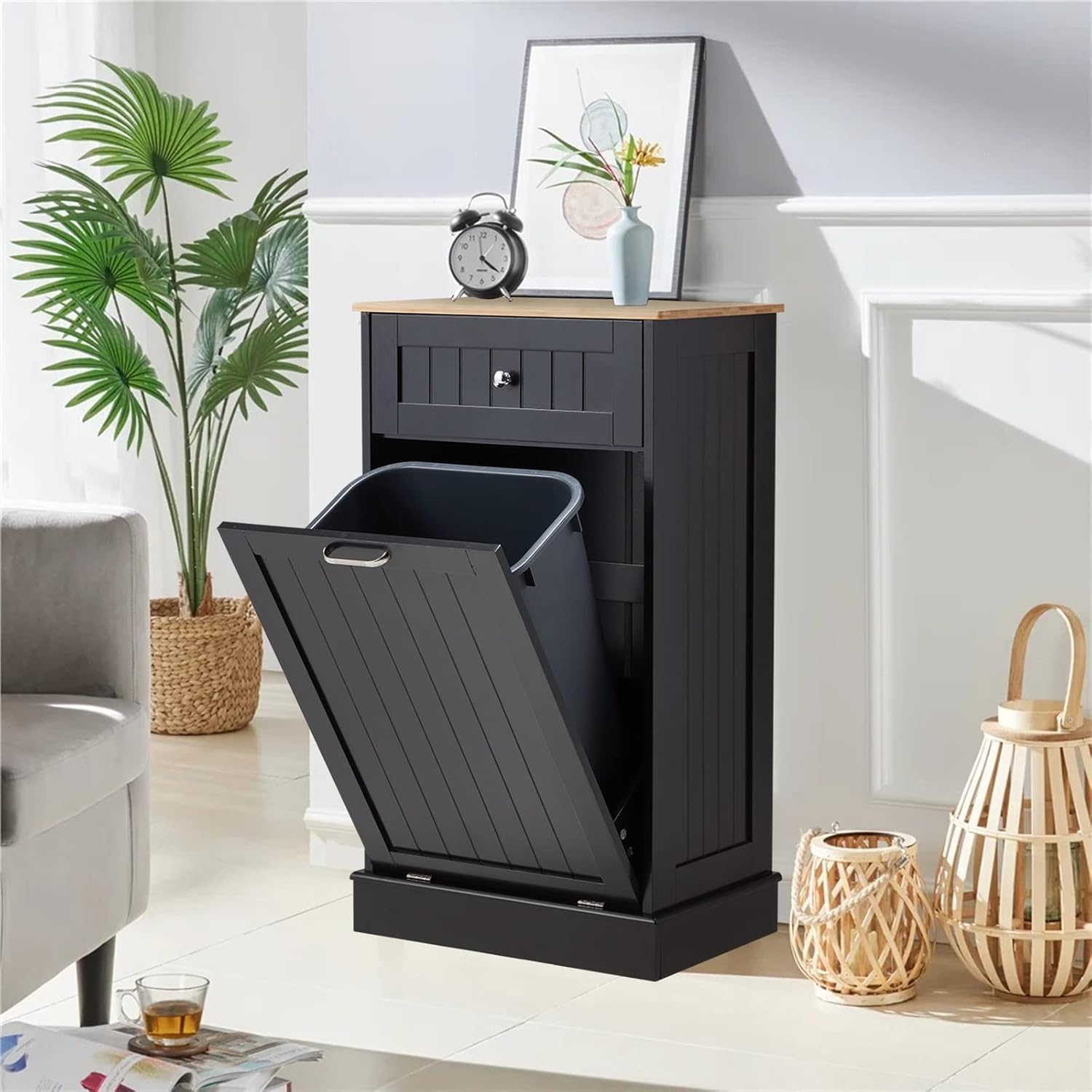 Black 10 Gallon Wood Trash Can Cabinet with Drawer & Cutting Board D4819