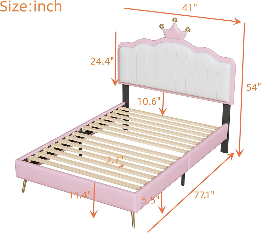 White and Pink Twin Upholstered Platform Bed with Light Strips and Golden Metal Legs L931996