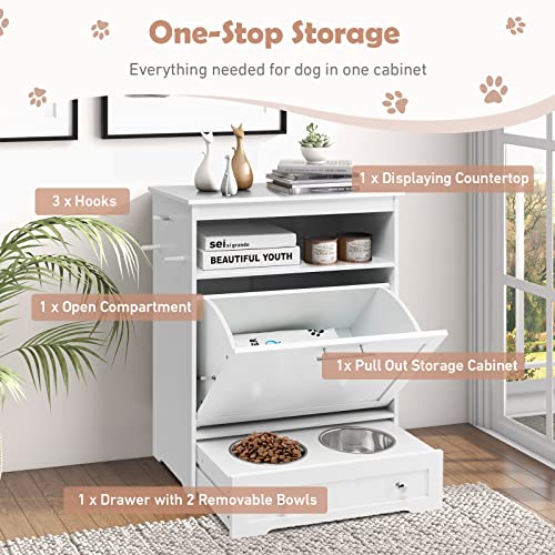 White Dog Food Storage Cabinet with 2 Raised Dog Bowls K24780