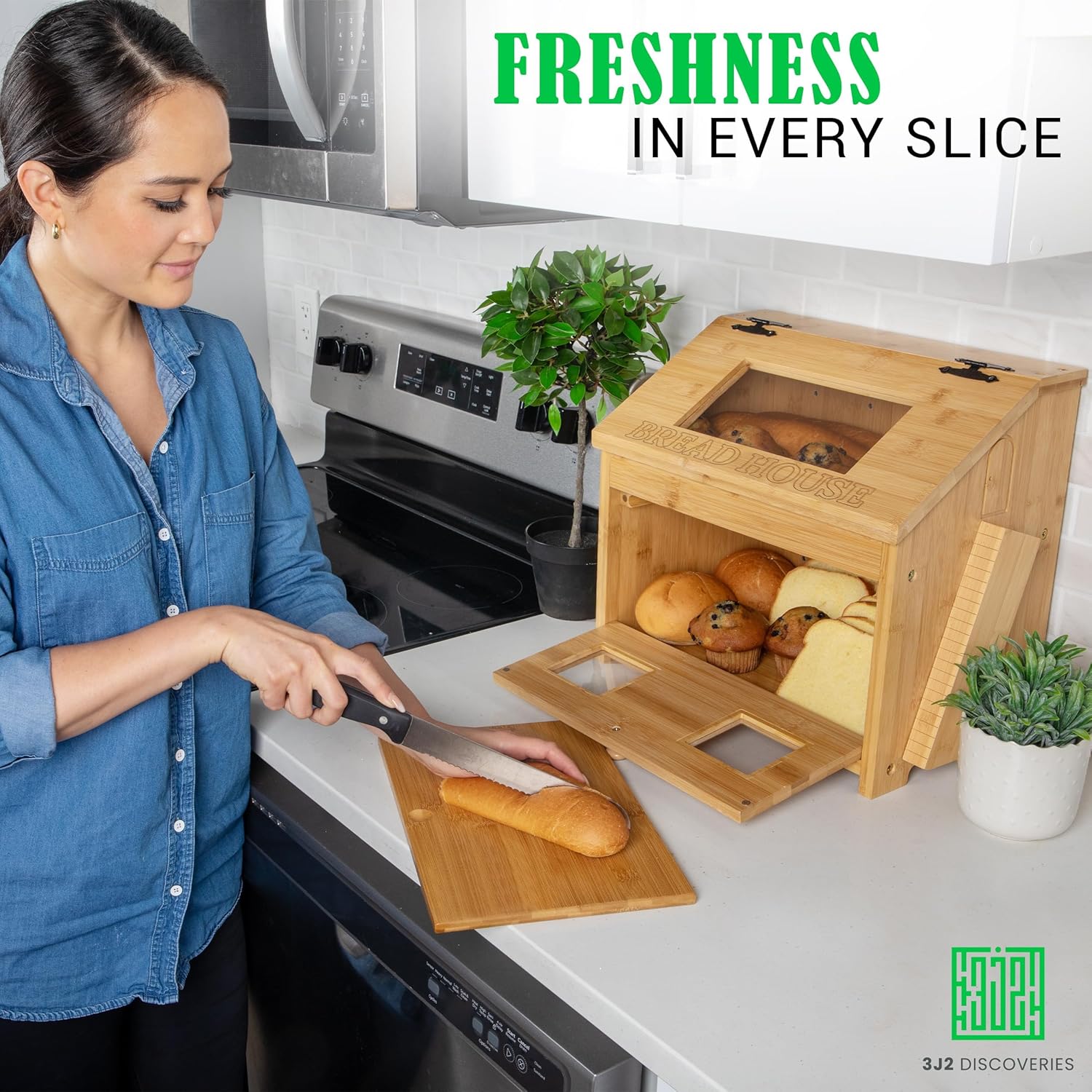 Large Wooden Bamboo Bread Box with Cutting Board W43439