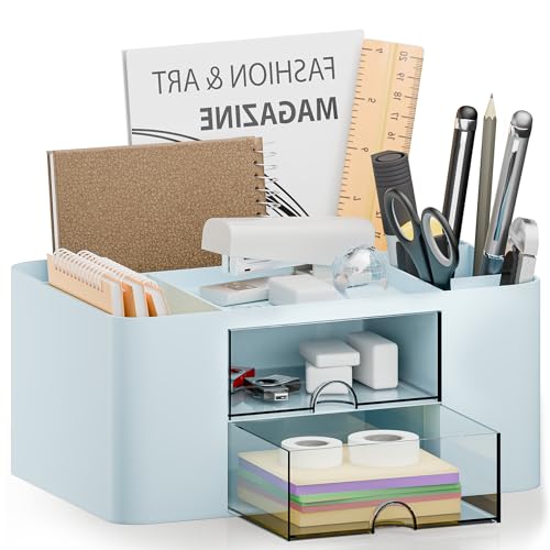 Blue Plastic Desk Organizer with 2 Drawer and 5 Compartments G543769