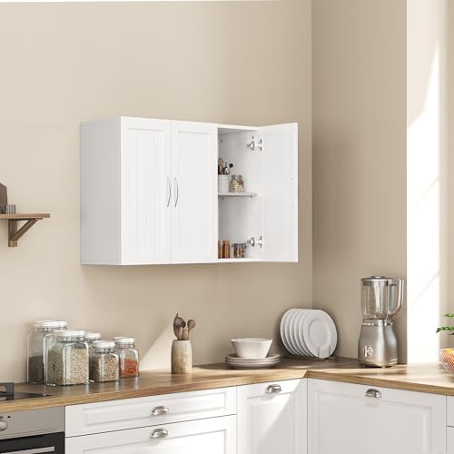 White Bathroom Wall Cabinet with Three Doors and Adjustable Shelf G6944