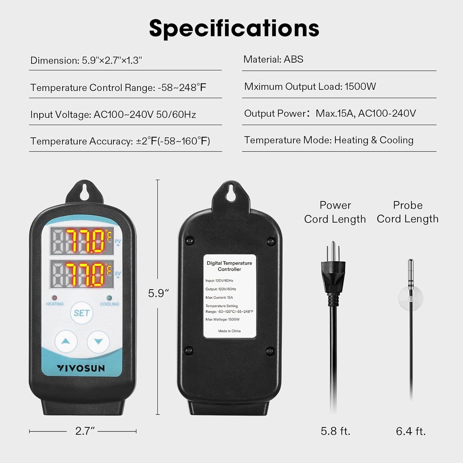 1500W Digital Temperature Controller Thermostat with Dual LED Display D572728