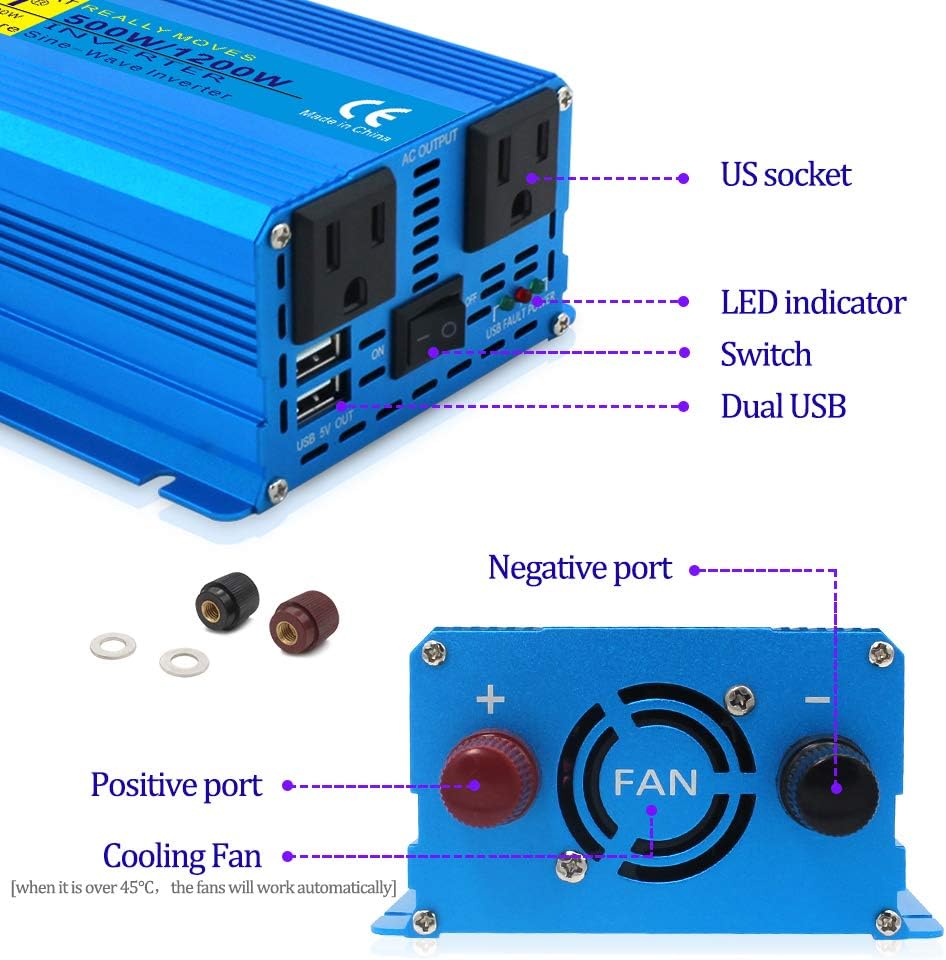 500W Pure Sine Wave Power Inverter DC 12V to AC 110V with Dual USB Ports Pack of 2 P744543