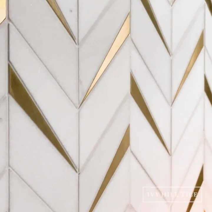 Polished Marble and Brass Wall Mosaic Tile F628187