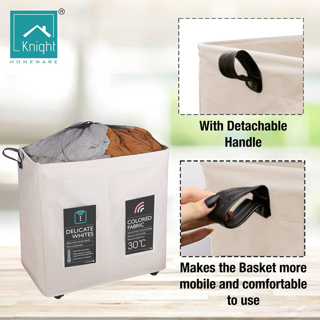 120L Collapsible Laundry Basket with Wheels, 2 Section, Mesh Cover, Handles, Ivory I50558