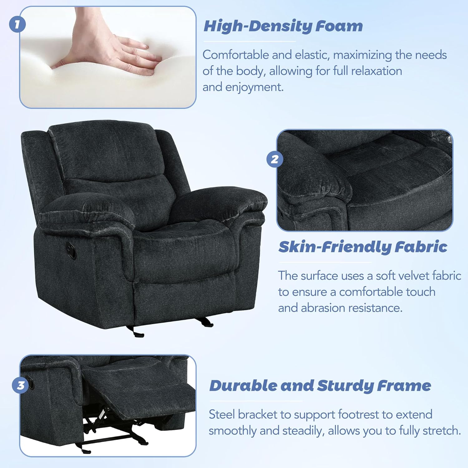 3-Piece Velvet Recliner Sofa Set with Cup Holders S4470