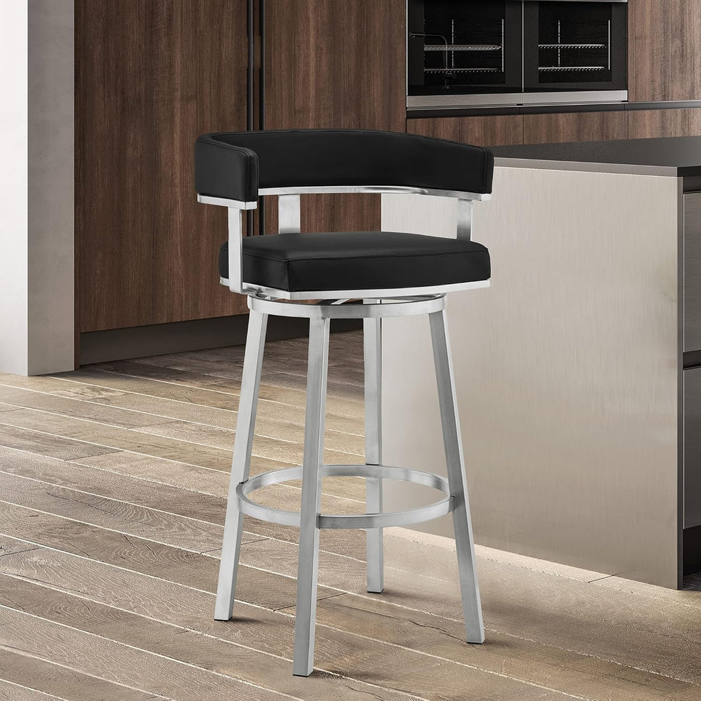 Black Faux Leather and Brushed Stainless Steel Swivel Bar Stool J227